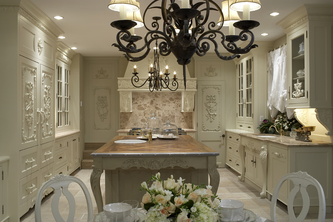 Enkeboll Villa Collection woodcarvings designed by Beverly Ellsley is shown in this showhouse kitchen in a NYC townhouse.  